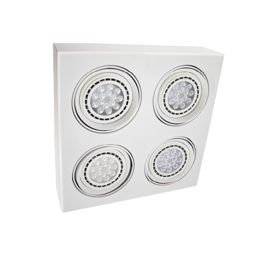 Plafón cardánico cuadrado para cuatro luces AR111 blanco texturado 37x37x10cm